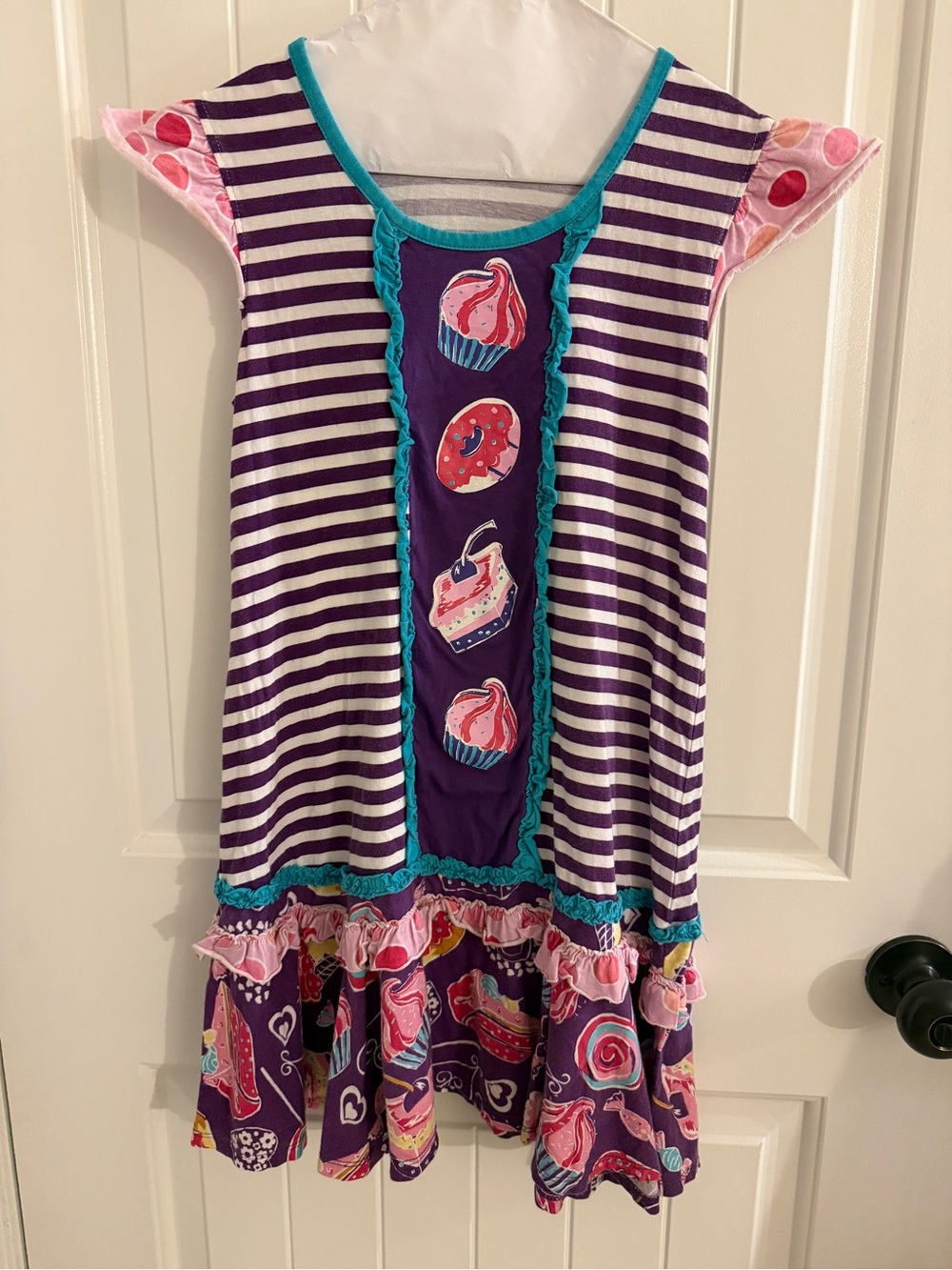 Jelly the Pug size 12 Girls Purple Stripe Cupcake Ruffle Dress sweet treats GUC